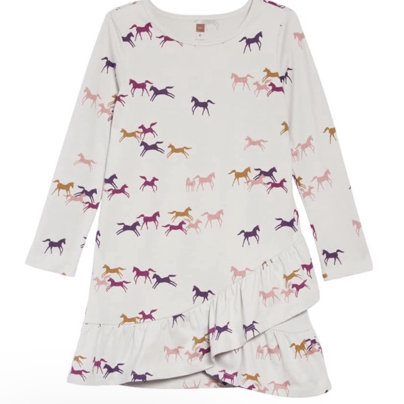 Tea Girls Size 6 Gallop Horses Print Grey Ruffle Hem Dress Long Sleeve